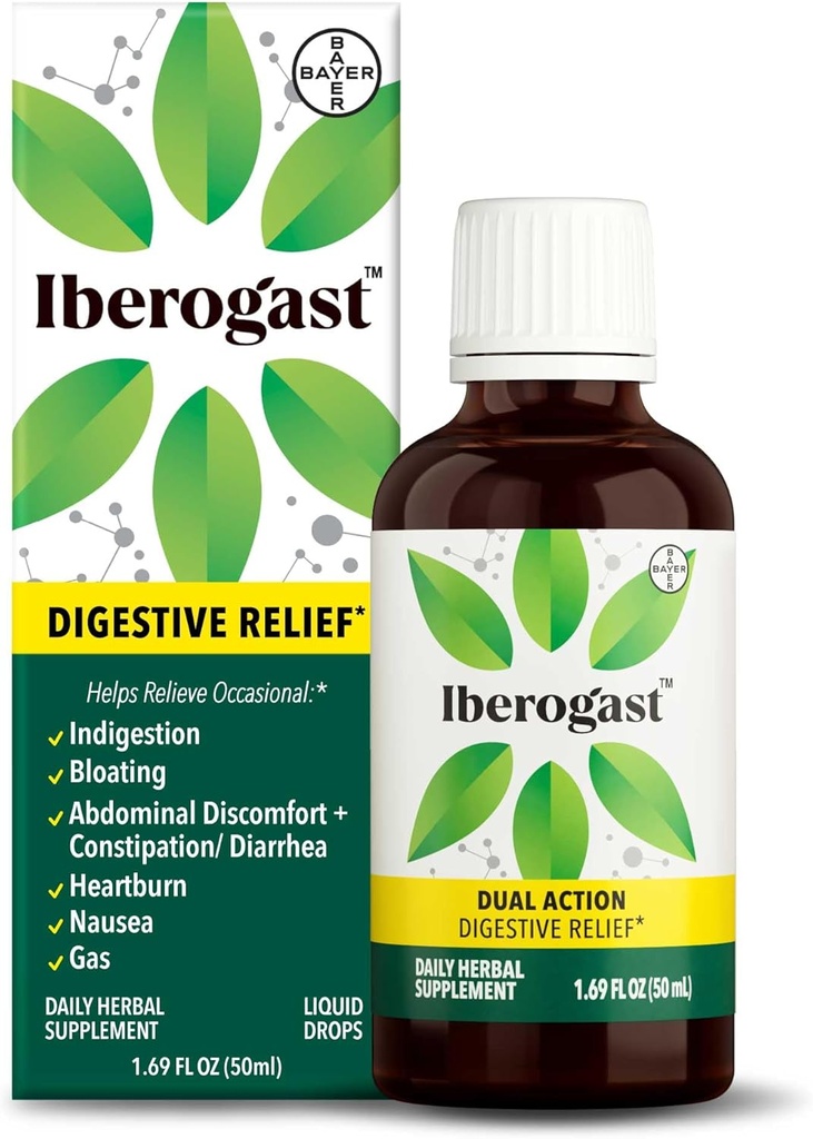 Gotas líquidos iberogastas, alivio herbal de los activos de estómago: Indigestión ocasional, Bloating, Gas, Nausea, Upset Stomach; Gluten Free; 6-Herb Blend with Iberis Amara, Peppermint, Licorice; 50m L