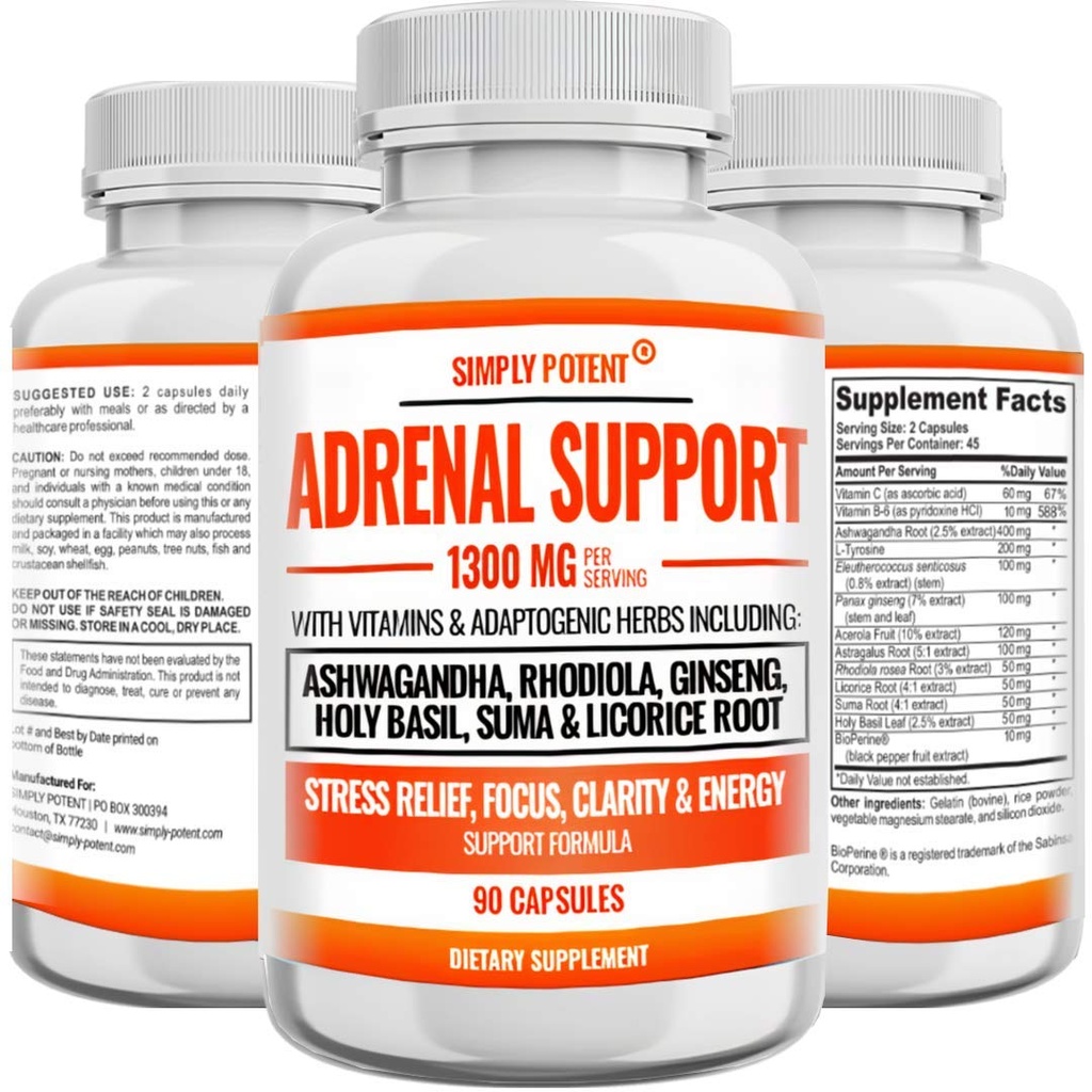 Simply Potent Adrenal Support and Cortisol Manager - 90 Capsules, Adrenal Health Supplement with Ashwagandha, Licorice Root, Rhodiola Rosea, Ginseng, Holy Basil for Adrenal Fatigue for Women & Men