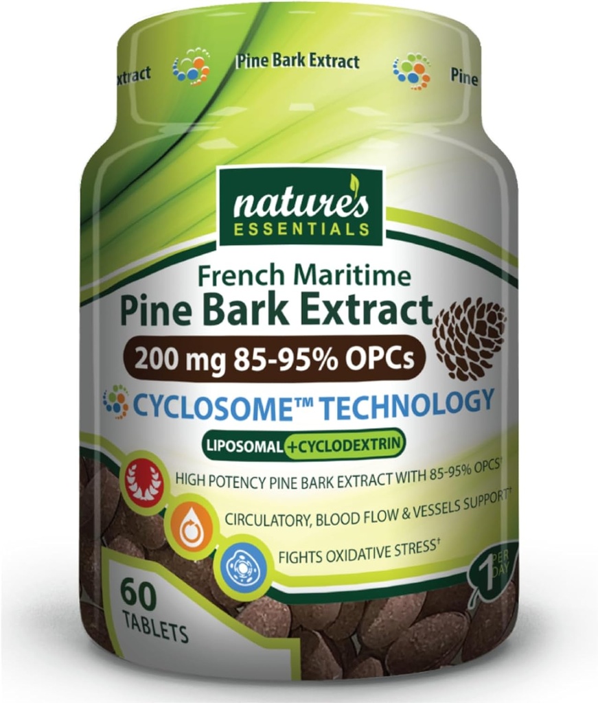 ESENCIALES DE NATURALEZA Pine Bark Extract 200mg ← Clínicamente Studied Circulatory Support ¦ Advanced Cyclosome Liposomal Delivery ← Non-GMO, Gluten Free, Vegetarian ← 60 Tablets