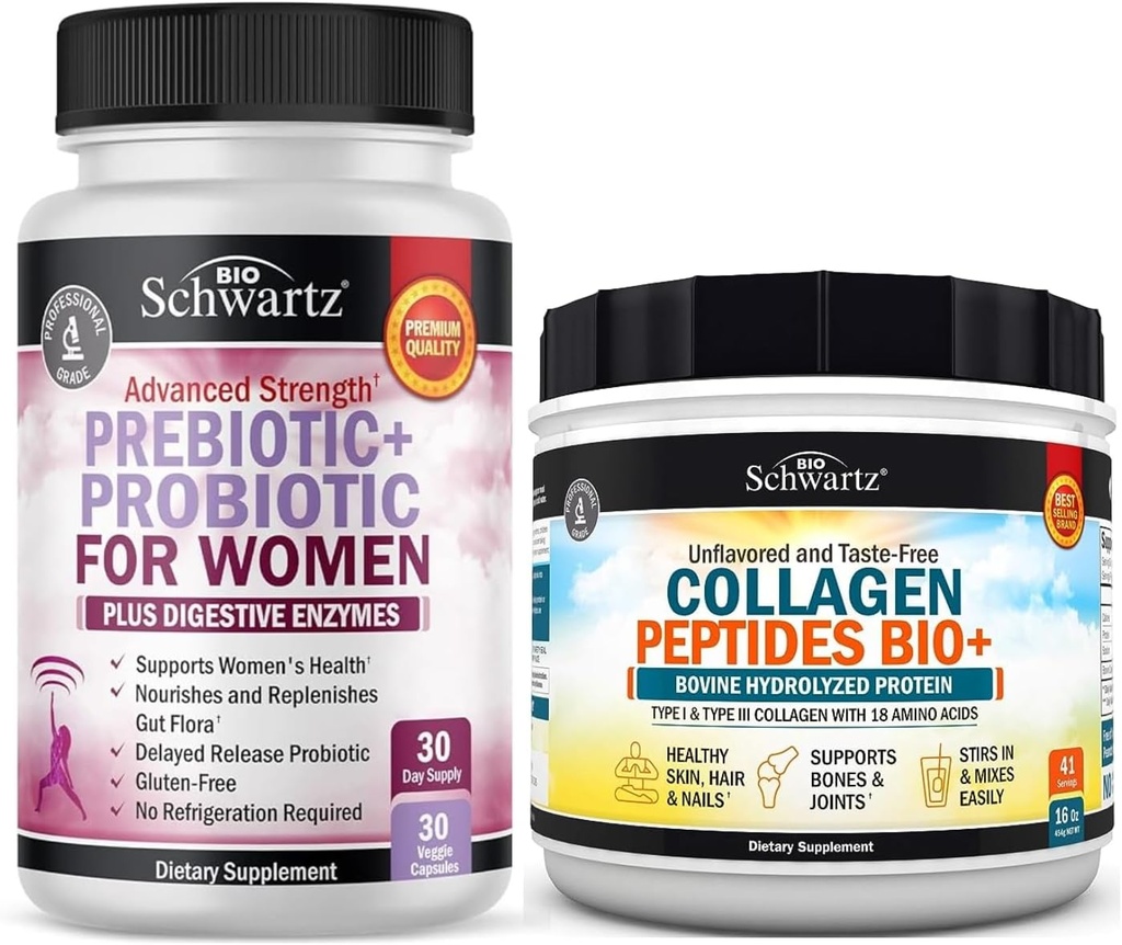 BioSchwartz Péptidos de colágeno hidrolizado Polvo (40+ Servings) Plus Prebióticos y Probióticos con Enzimas Digestivos para Mujeres (1 Mes de Suministro)