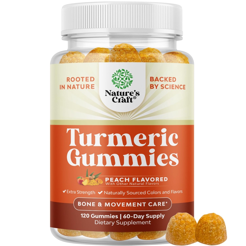 Natures Craft Turmeric Gummies for Adults - Extra Strength Immune Support Gummies with Turmeric Curcumin, Black Pepper Extract and Ginger - Peach Flavor Vitamins for Adults - 120 Count
