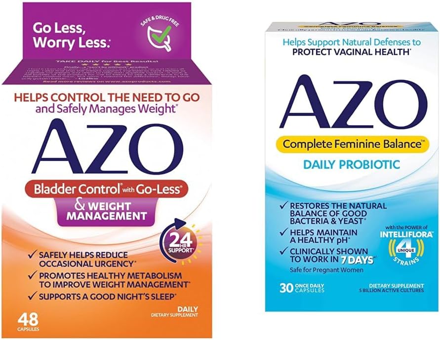 Control de vejiga AZO con Go-Less® & Weight Management Suplemento dietético & Complete Feminine Balance Probióticos diarios para mujeres, clínicamente probados para ayudar a proteger