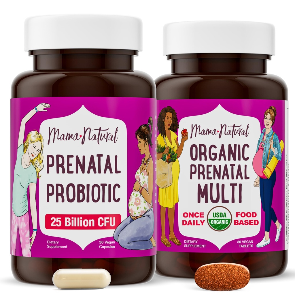 Mama Natural Prenatal Bundle – Vitaminas Orgánicas prenatales para Mujeres + Probióticos Metas para el Embarazo &amp; Postparto Wellness - Solo 2 Píldoras al día - Vegan &amp; No GMO (30 Day Supply)