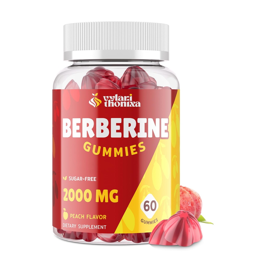 2000mg Berberine Suplemento Gummies - High Potency Berberine with Ceylon Cinnamon Candy, Turmeric, Magnesium, Chromium - Sugar Free, Vegan, Non-GMO, Gluten-Free - Peach Flavor 60 Gummies - 1 Pack