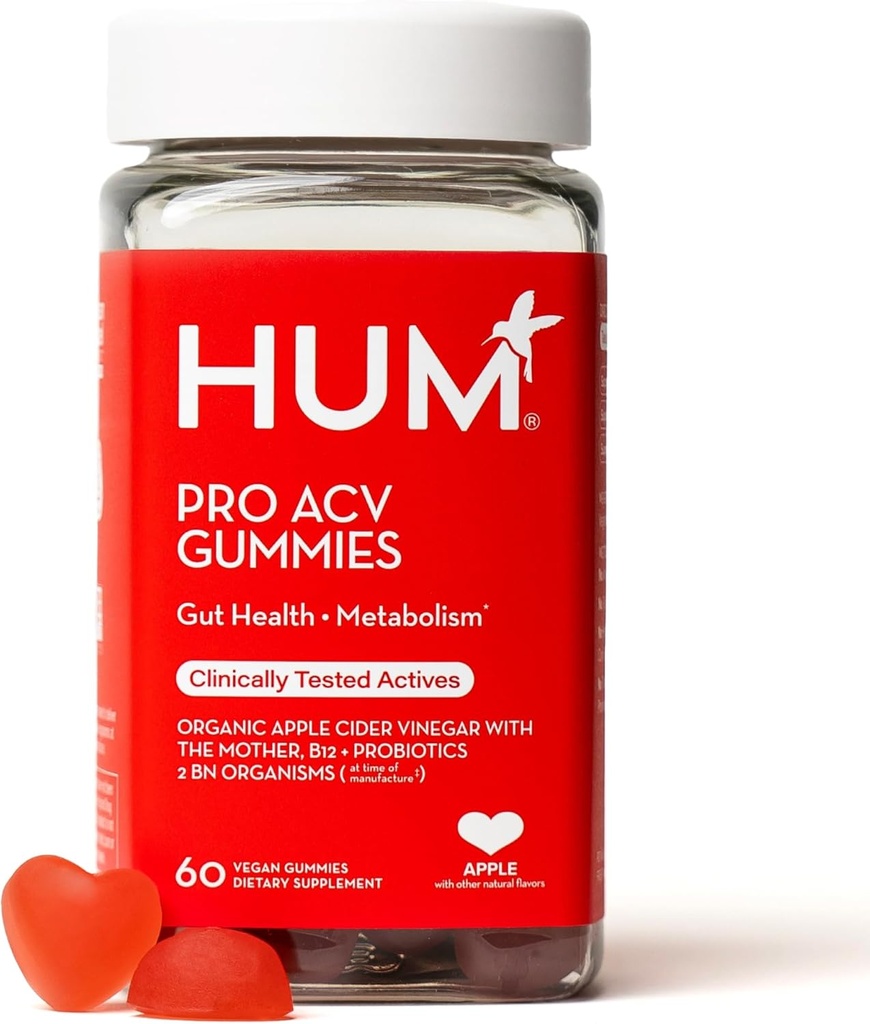 HUM Pro Manzana Vinagre Gummies con Probióticos para Salud Digestiva & Gut Health,100% Vinagre de Sidra de Manzana Orgánica con Vitaminas Gummy Madre, Vitamina B12 para Apoyo Energético, 60 Gummies ACV