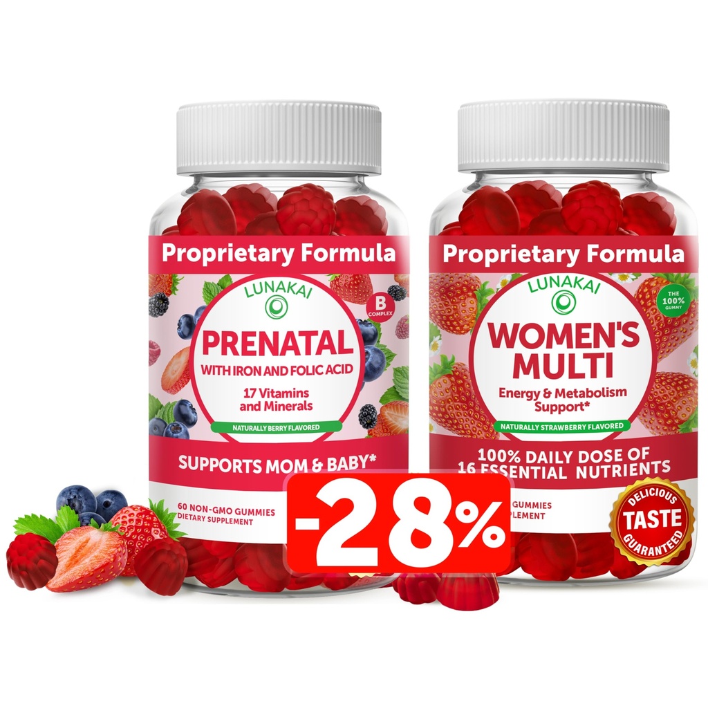 Lunakai Prenatal Vitamina y Mangas Multivitamínicas de Mujeres Bundle - Embarazo Multivitamina Gummy con Hierro y Ácido Fólico - con 100% Valor Diario de 16 Vitaminas y Minerales Esenciales - 30 Días Suministro