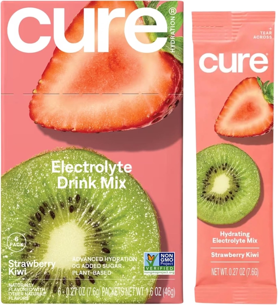 Cure Hydration ¦ Plant-Based Electrolyte Drink Mix Silencio No Añadido Azúcar Silencioso Alivio de Deshidratación Hecho con Agua de Coco Silencio No-GMO Silencio Vegan Silencioso Caja de 8 Packets - Strawberry Kiwi