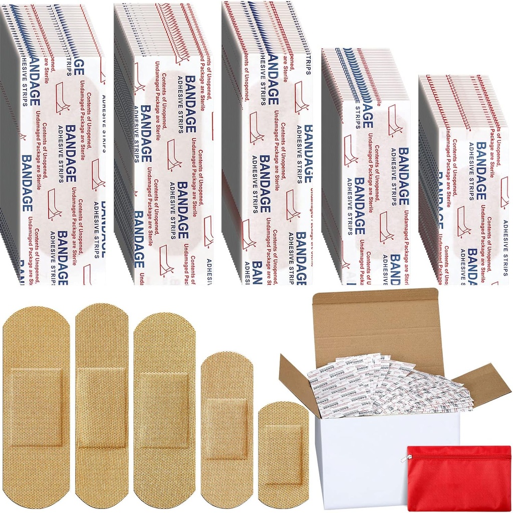 Lounsweer 2000 Pcs Fabric Adhesive Bandages Vaiety Pack Bulk surtidos Tamaños Flexible Tejido de parche transpirable Bandages for Family First Aid Skin Wrap Finger Wound, Natural