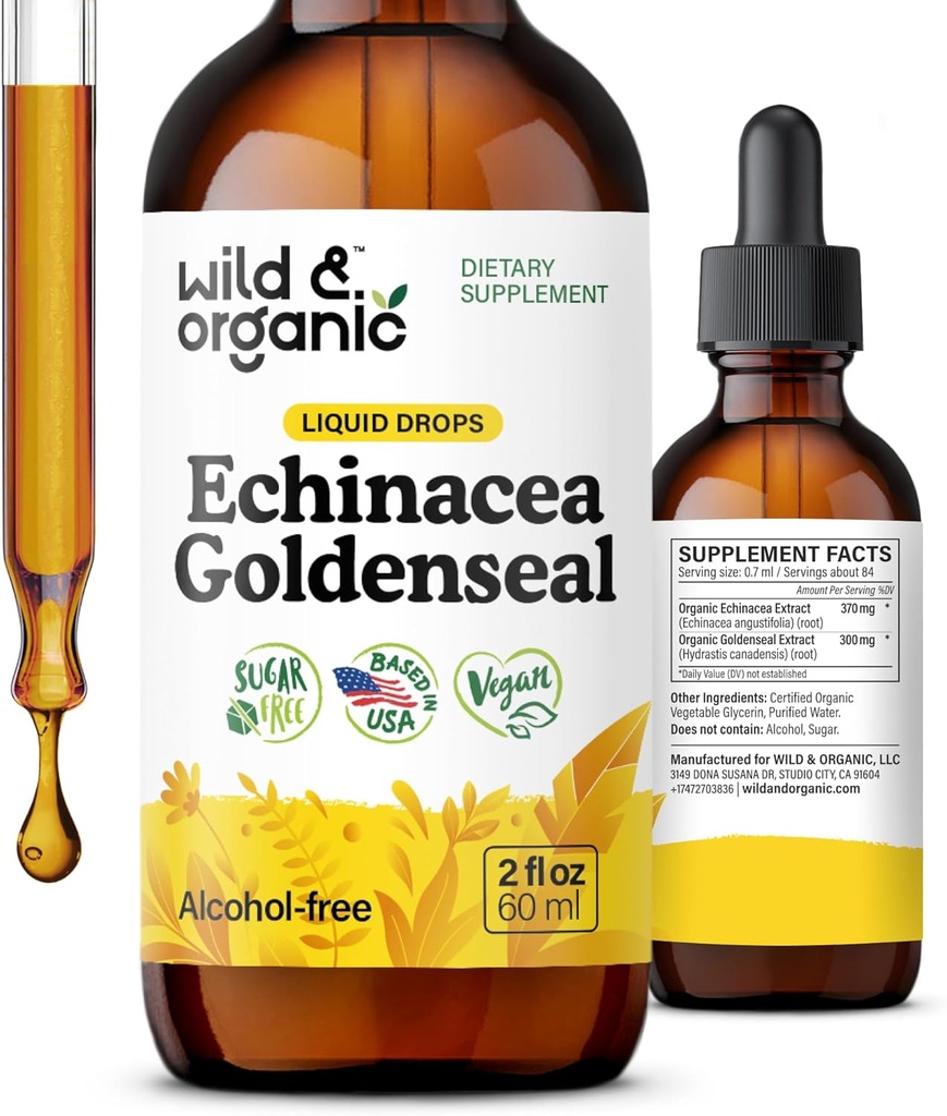 Wild & Organic Echinacea Goldenseal Liquid Drops - Immune Support Suplemento w / Goldenseal Echinacea Root Extract - Vegan, Sugar & Alcohol-Free Tintura - 2 fl oz
