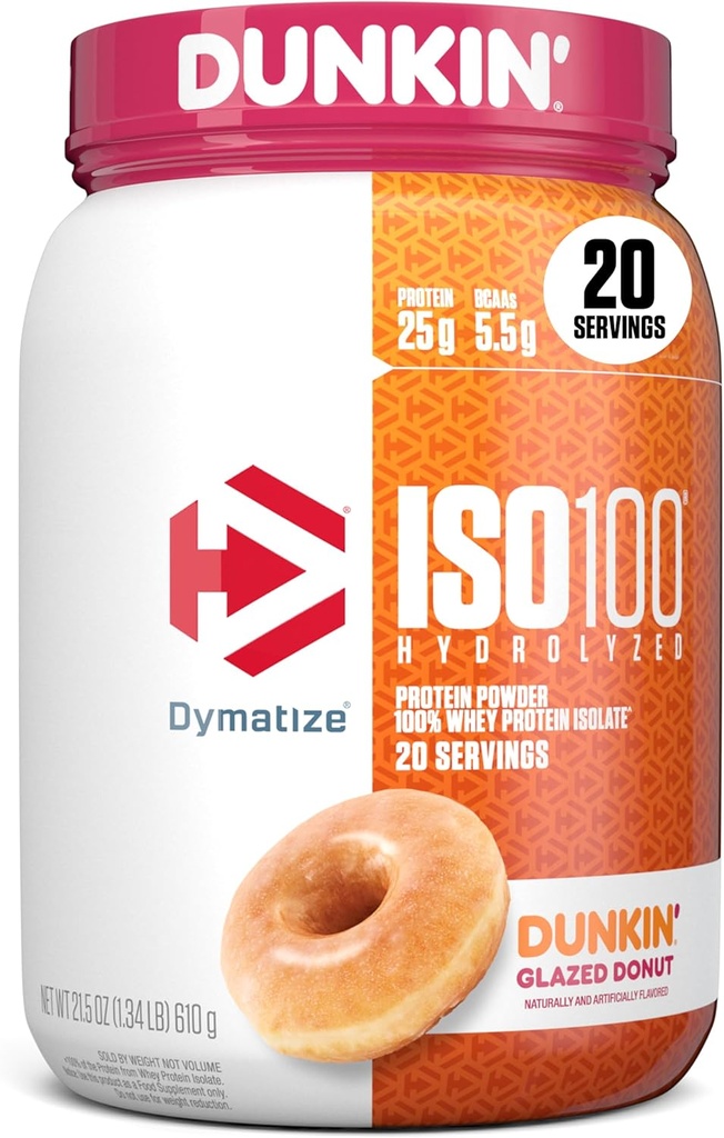 Dymatize x Dunkin' Glazed Donut ISO100 Whey Protein Powder, 25g de Protein, 20 Servings, 5.5g BCAAs, 120 Cal., Gluten Free, 1g Fat, 1g Sugar, 2g Carb