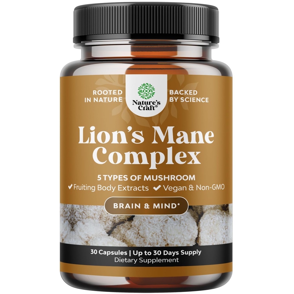 Avanzado suplemento de seto de león Mane - suplemento de mane de leones cápsulas con Reishi, Chaga, Maitake " Shiitake para la memoria de salud cerebral " Focus - Nootropic para la claridad mental - 30 caps