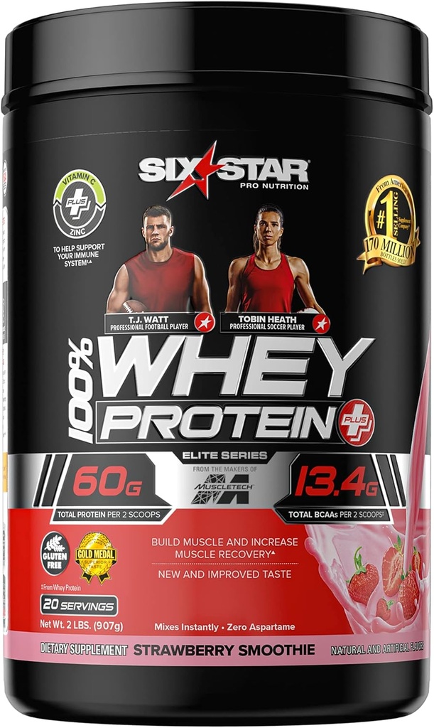 Six Star Whey Protein Plus Powder + Immune Support, Isolate " Peptides + Muscle Builder for Gain " Recovery, Strawberry, 32 Oz