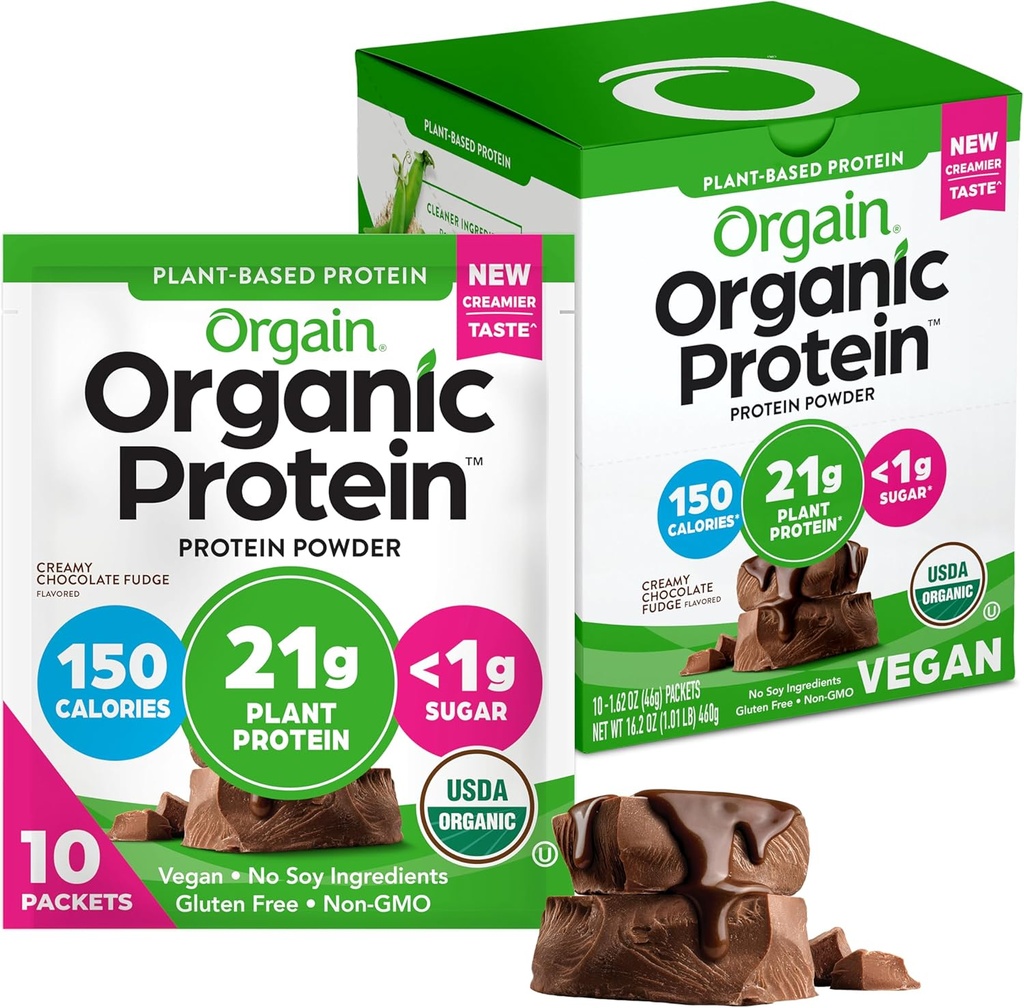 Orgain Orgain Orgain Pólvora de proteína vegana orgánica, Fudge de chocolate crema - 21g Proteína vegetal, fibra prebiótica de 6g, carbohidratos bajos, sin ingredientes de lactosa, sin azúcar añadido, no fumador, para sacudidas " , 10 paquetes de viaje