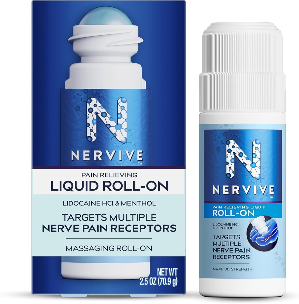 Rollo de alivio de dolor Nervive en líquido, Max Strength No-Mess Alimentador de dolor tópico con lidocaína y mentol para los dedos, pies, rayas, manos, piernas y brazos, 2,5oz