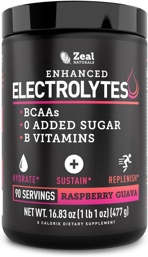 Zeal Naturals Electrolyte Powder Recovery Drink (90 Servings ¦ Raspberry Guava) w/ 0 Sugar +BCAAs +B-Vitamins Suplemento electrolito w Potasio Zinc & Magnesio para la hidratación - Keto Electrolitos
