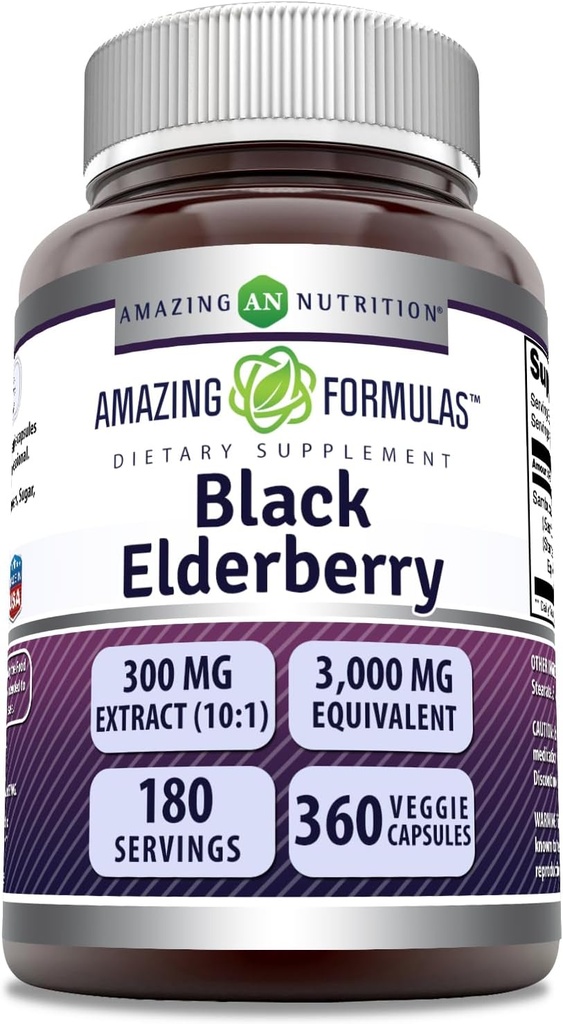 Fórmulas Asombrosas Sambucus Black Elderberry ← 300 Mg Extracto 10:1 (3000 Mg Equivalente) Silencio Veggie Capsules ← Non-GMO TEN Gluten-Free TEN Made in USA (1 Pack, 360 Count)