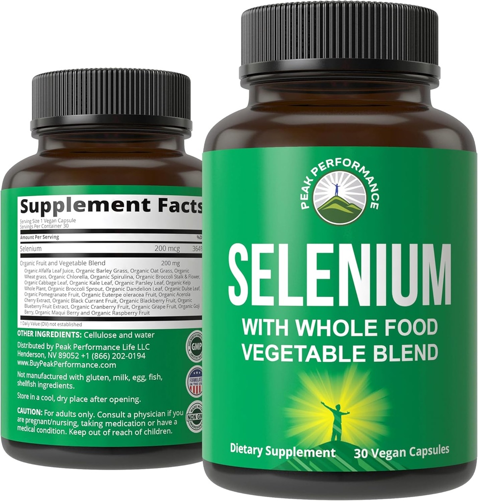 Suplemento de selenio con gas integral de 25+ Verduras y Frutas para la absorción máxima. Pure Selenium Vegan Capsules for Immune System, Thyroid Support, Heart Health, Prostate Support. 30 Pills