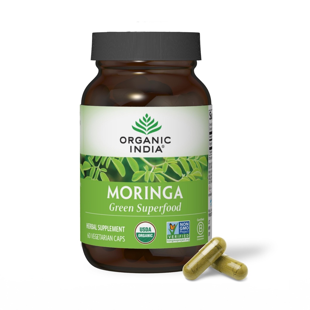 ORGANIC INDIA Moringa Capsules Orgánico - Moringa Suplemento - Green Superfood, Moringa Leaf Capsules, Puro Superverde, Verdes Vegan, Multivitamínico de la naturaleza, Vegan, Libre de gluten - 60 cápsulas