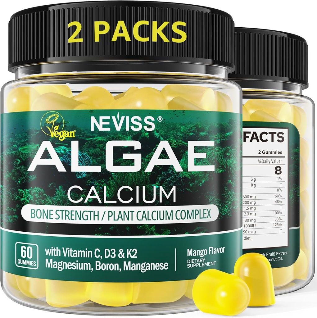 (2 Pack) Calcio Gummies for Women, Sugar Suplemento gratuito de Calcio de Algas Sostenibles (3a Parte Probada) con Vitamina D3 K2, C, Zinc, Boron, Manganese for Bone Strength, Calcium Absoption, Vegan