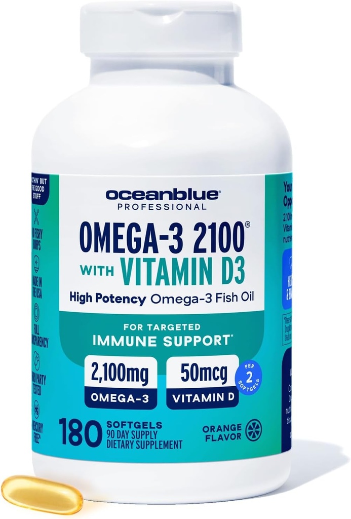 Oceanblue Professional Fish Oil with Vitamin D3 ← Triple Strength 2100mg Omega 3 DPA EPA DHA ← Wild Caught ← Burpless Orange Flavor, 90 Servings (180 Conde)
