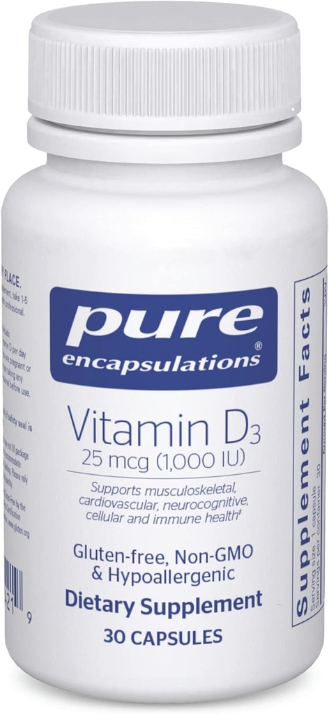 Encapsulaciones puras Vitamina D3 25 mcg (1,000 UI) - Suplemento de Bono de Apoyo, Conjunto, Breast, Corazón, Colon & Immune Health - con Vitamina Premium D - 30 cápsulas