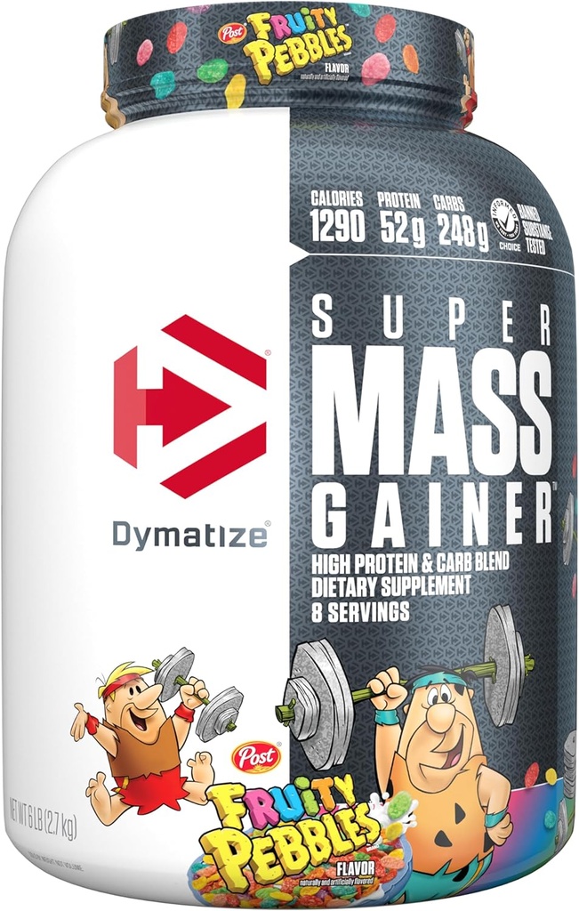 Dymatize Super Mass Gainer Protein Powder, 1290 Calories & 52g Protein, Mixes Fácilmente, Sabores Delicioso, Frutas Pebbles, 6 libras (8 Servings)