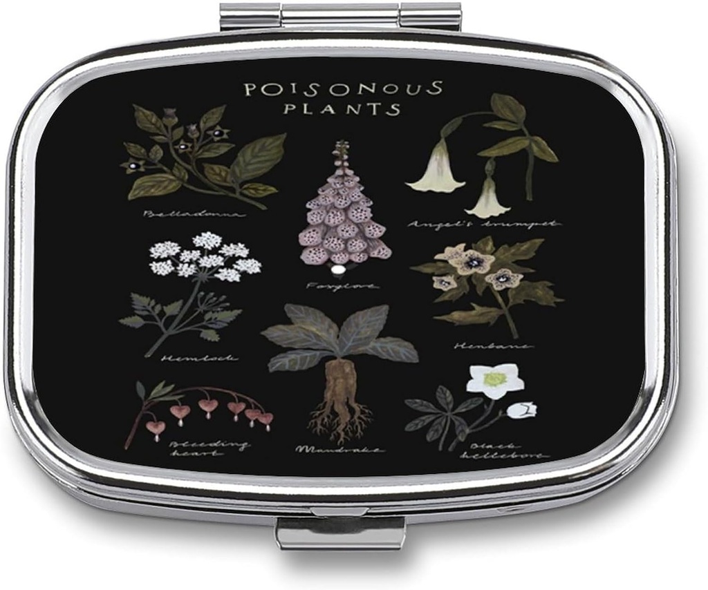 Metal 2 Organizador de píldoras Organizador Travel Friendly Portable Compact Pill Box Cute Pill Case to Hold Vitamins,Fish Oil,Supplements,Meds,Tablet for Purse,Pocket. (Plantas venenosas)