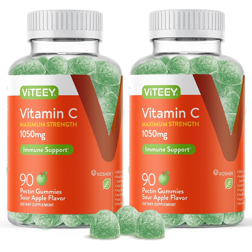 Viteey Chewable Vitamina C Gummies para adultos - 1050mg Maximum Strength Immune Support Suplemento - Vegan, Gluten Gratis - 180 Condes