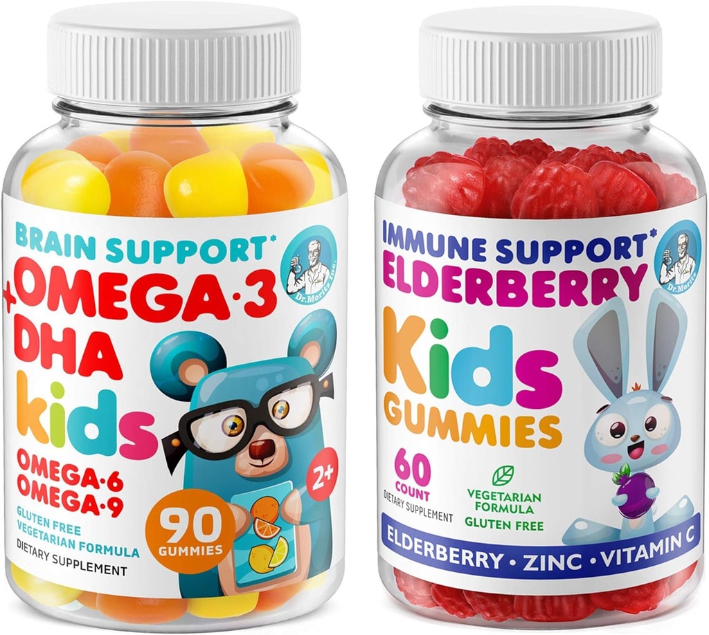 DR. MORITZ Cardio & Immune Boost Duo - Kids Omega 3 Gummies (90 Cuenta) con gomas de arandela para niños (60 Cuenta)