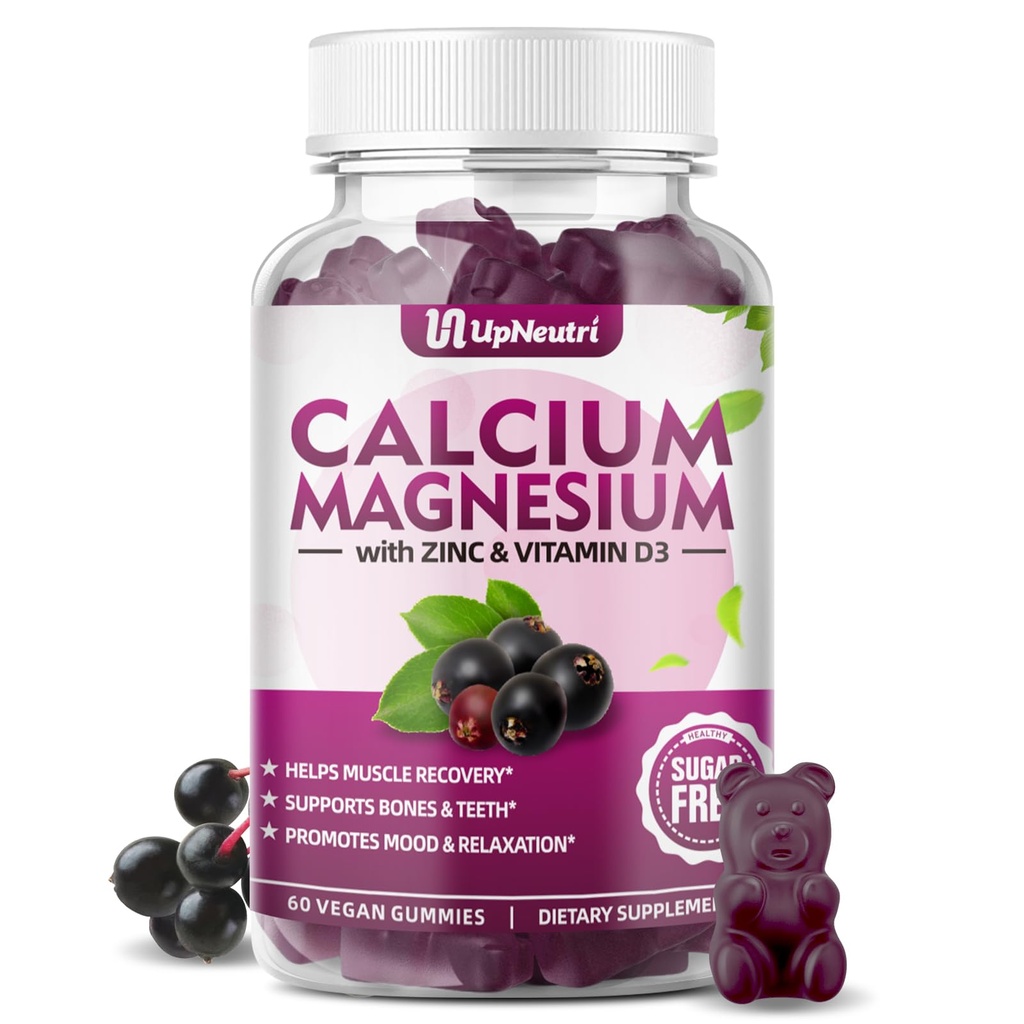 Calcio Magnesio Zinc con Vitamina D3 Suplemento, Azúcar Gummies de Calcio Libre para Mujeres Hombres, Alta Absorción Zinc Gummies para Bone &amp; Muscle & Immune Health, Vegan Elderberry Flavor - 60 Conde