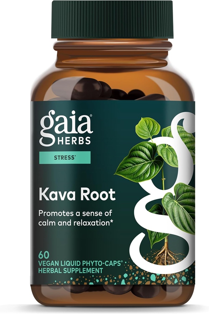 Gaia Herbs Kava Root - Ayuda a mantener un sentido de la calma natural y la relajación* durante los tiempos de estrés - Hecho con cultivadores de Noble Kava - 60 cápsulas líquidas Vegan (20-Day Supply)