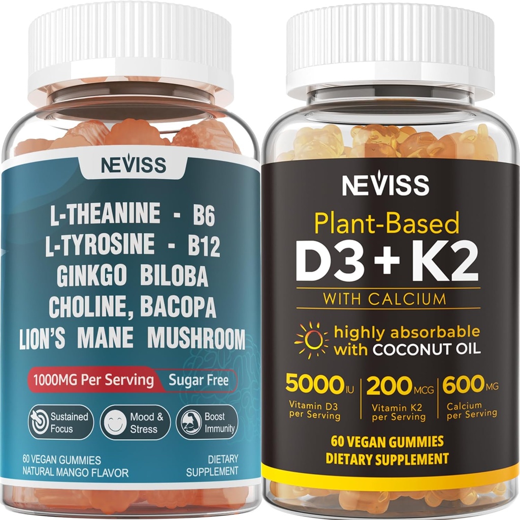 NEVISS Azúcar L-Tyrosine L-Theanine Gummies 120 Condes + Azúcar Gratis D3 5000IU K2 Gummies 120 Condes