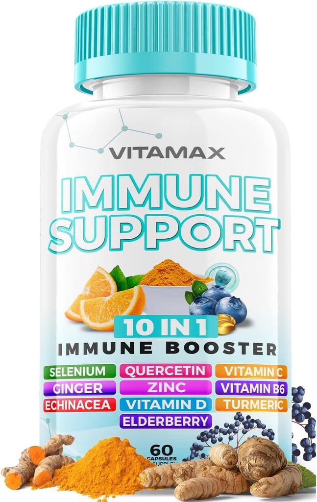 10-in-1 Immune System Support Booster with Elderberry, D3, Selenium, Quercetin, Zinc, Vitamina C, Ginger, Turmeric Curcumin, B6, Echinacea – Natural Immune Defense – Made in USA (60 Count (Pack of 1))