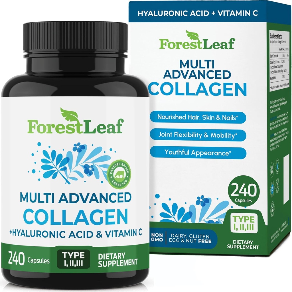 Pilles multi colágeno ForestLeaf - Collagen Hombres Collagen Mujeres - Suplementos de colágeno hidrolizado con vitamina C & hialurónica Ácido - Colágeno cápsulas para el cabello, piel " uñas (240 cápsulas de péptidos)