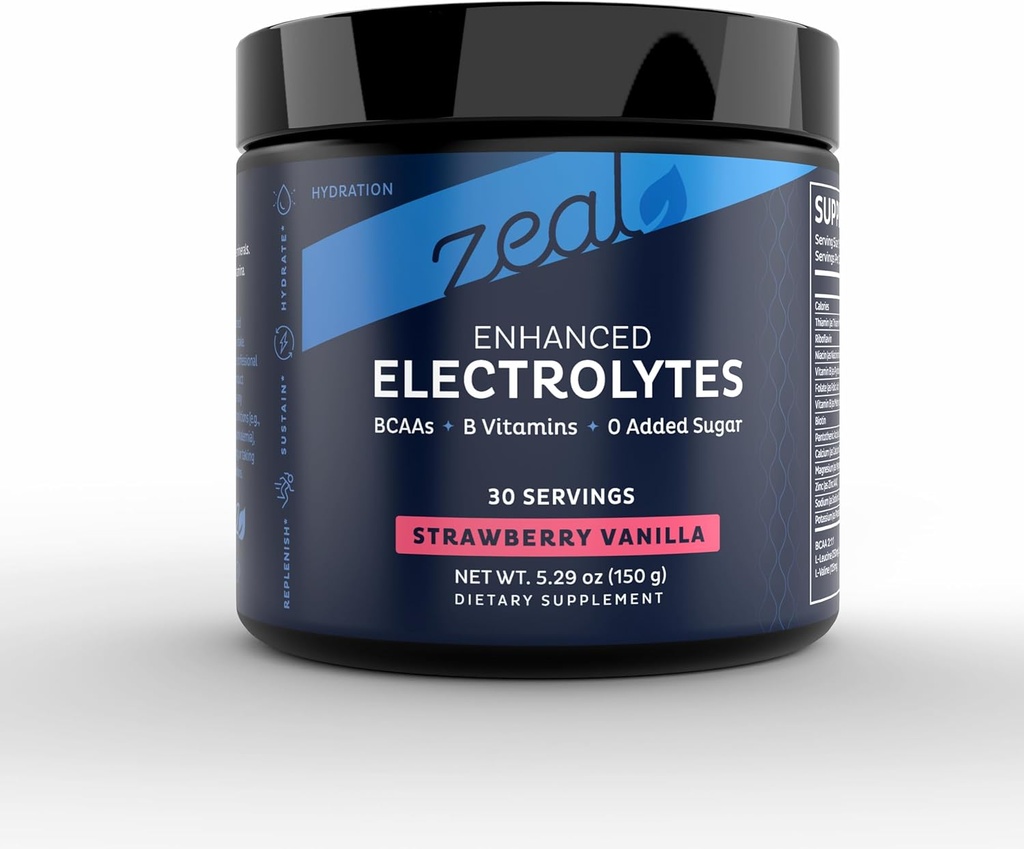 Zeal Electrolyte Powder Recovery Drink (30 Servings ¦ Strawberry Vanilla) w 0 Sugar +BCAAs +B-Vitamins Suplemento electrolito w Potasio Zinc & Magnesio para la hidratación - Keto Electrolitos