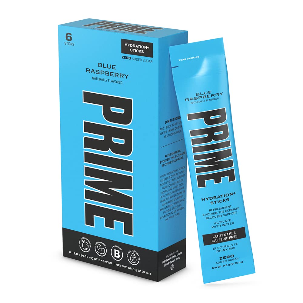 PRIME HYDRATION+ Sticks Blue Raspberry ← Hydration Powder Single Serve Sticks ← Electrolyte Powder On The Go  durable 250mg BCAAs, B Vitaminas, Antioxidantes TEN Low Sugar TEN Caffeine-Free TEN Vegan ANTE 6 Sticks
