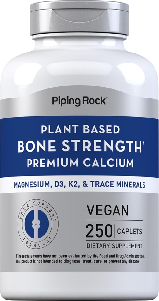 Piping Rock Bone Strength Suplemento para Mujeres y Hombres ← 250 Caplets ← Premium Calcio Plant Based Complex ← con Vitamin D3, K2, Magnesium, y Minerales