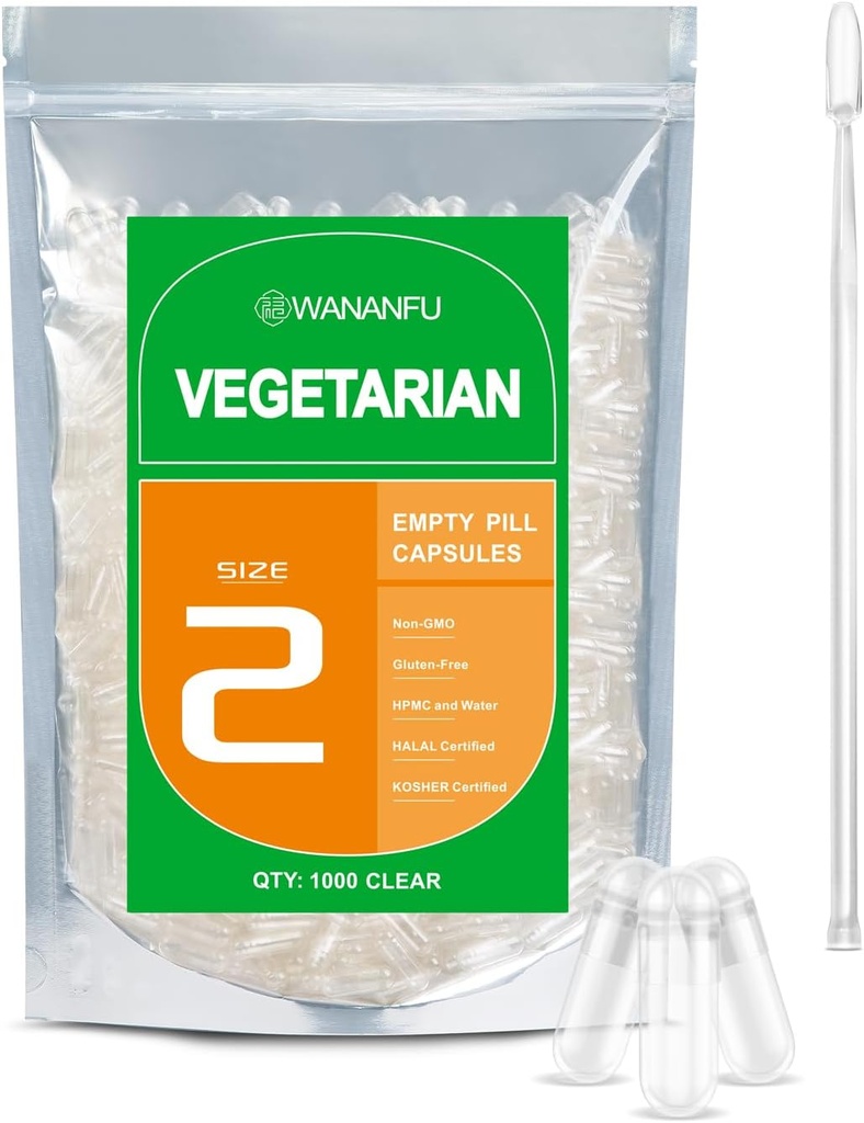 wananfu Tamaño 2 Empty Capsules Vegetarian (500 Conde) Agrupo con 2 cucharas de laboratorio, Cucharillas de verduras limpias Tamaño 2 para hacer sus propios suplementos