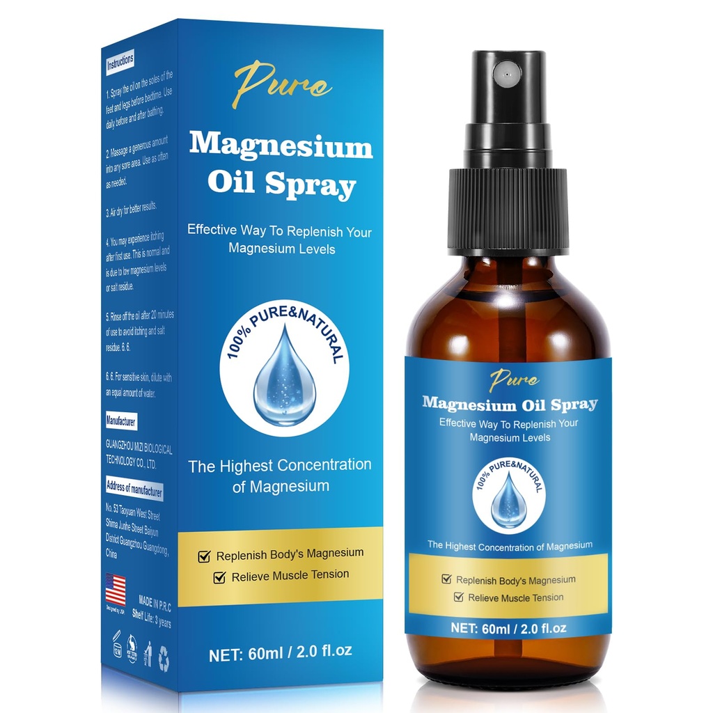 Aceite de magnesio puro, spray de magnesio, aceite de magnesio para pies, botella de vidrio de magnesio, 2 fl oz/60ml, fácil de absorber y utilizar