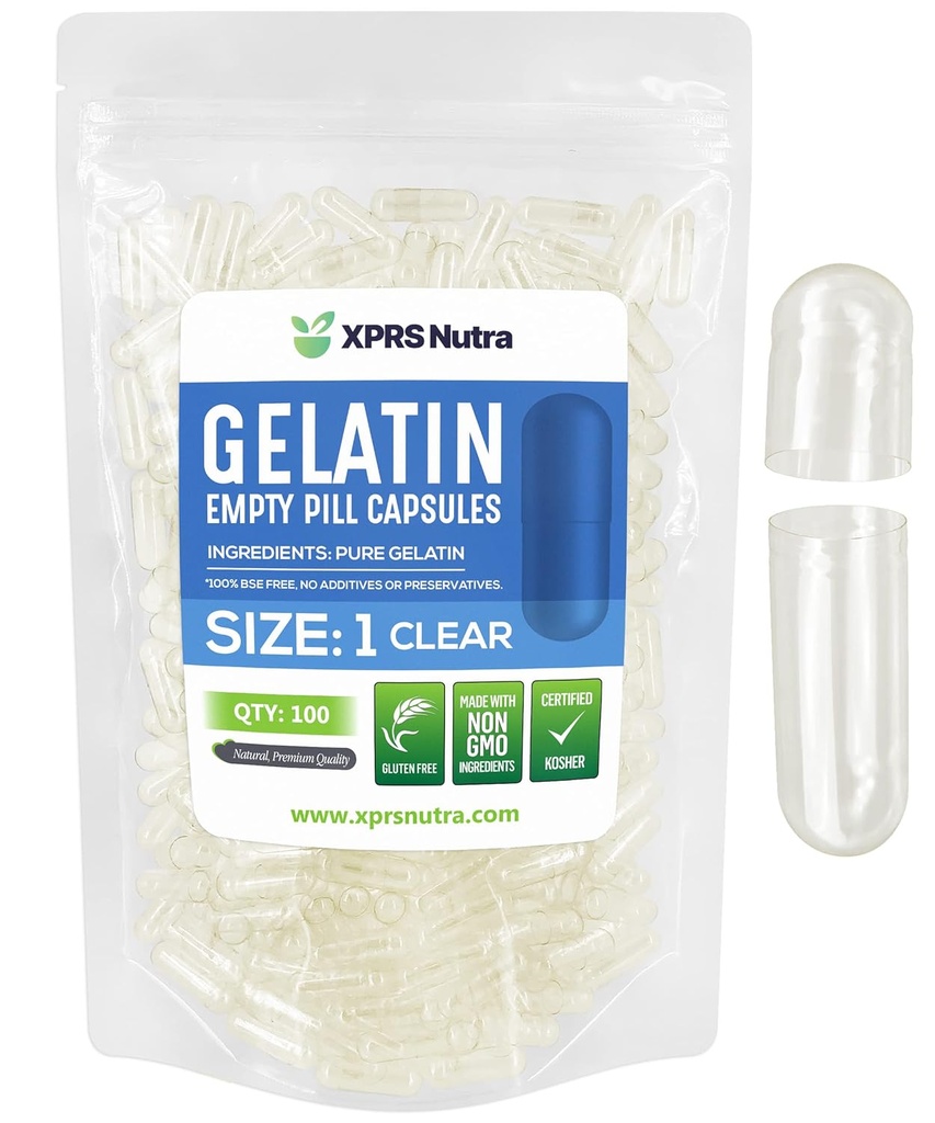 XPRS Nutra Size 1 Empty Capsules - 100 Cuentas Clear Empty Gelatin Capsules - Empty Pill Capsules - DIY Relleno de cápsulas - Fillable Pure Bovine Pill Caps Empty Gel Caps Pills