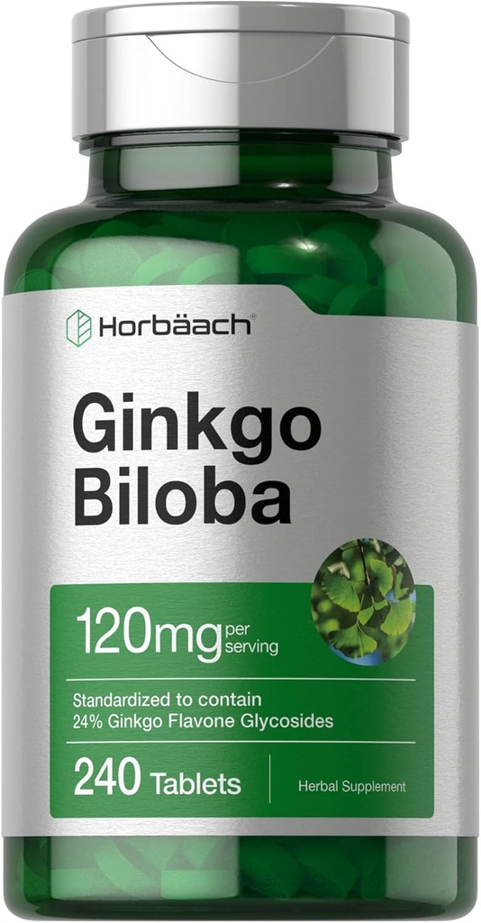 Horbäach Ginkgo Biloba Suplemento TEN 120mg TENED 240 Tablets TENIDO Resumen herbario estandarizado ANTE Flavone Glycosides ANTE Vegetarian, Non-GMO, y Gluten Free