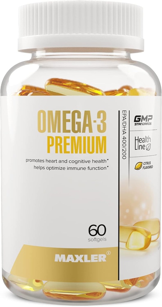 Maxler Omega-3 Premium - Omega 3 Fish Oil 1000 mg Capsules - High EPA DHA Suplementos (400 pacientes200 mg) - 60 Softgels con Citrus Flavor