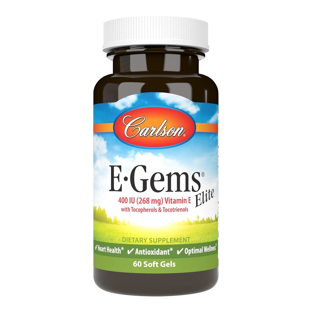 Carlson - E-Gems Elite, 400 UI Vitamina E con Tocopherols " Tocotrienols, Heart Health " Optimal Wellness, Antioxidante, 60 geles blandos