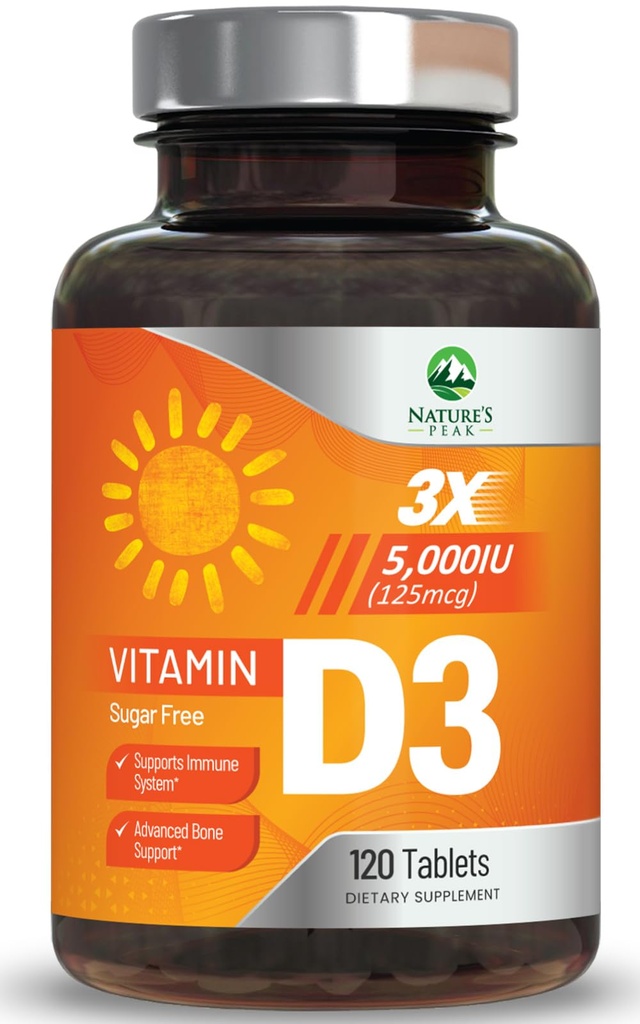 Vitamina D3 5000iu (125 mcg) Apoyo a la salud inmune - Suplemento dietético de alta potencia Vitamina D para el hueso, dientes, musculo - VIT de la naturaleza, vegano, sin gluten, Sabor de frambuesa - 120 Tablas Chewable
