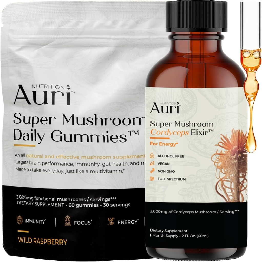 Auri Energy & Immune Boost Pack Super Mushroom Daily Gummies Cordyceps Elixir Bundle - Daily Wellness for Focus, Stamina y Longevity - 60 Gummies + 60ml Tincture