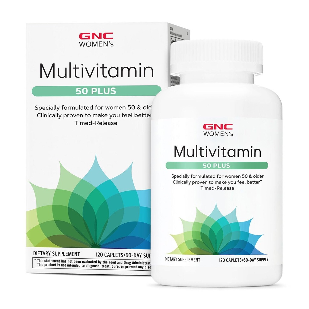 Cápsulas multivitamínicas de mujeres GNC 50 Plus, clínicamente probadas para sentirse mejor, vitamina D-3, inmuno, huesos fuertes, memoria, afeitar mental, visión, biotina, liberación de tiempo, 120 ct, 60 svgs