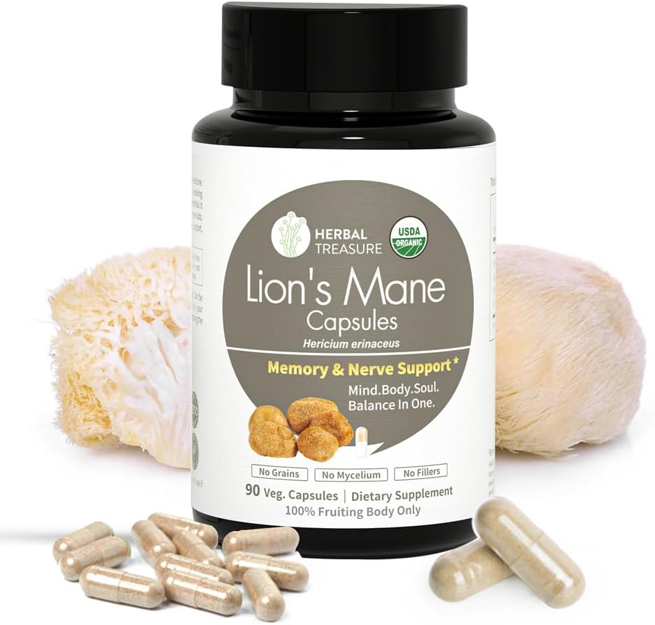 Herbal Treasure Lions Mane Suplemento Capsules, Hecho con leones orgánicos Mane Powder para Claridad Mental y Suplementos de Focus, 800 mg Lions Mane Powder Organic Mushroom Suplemento 90 Caps