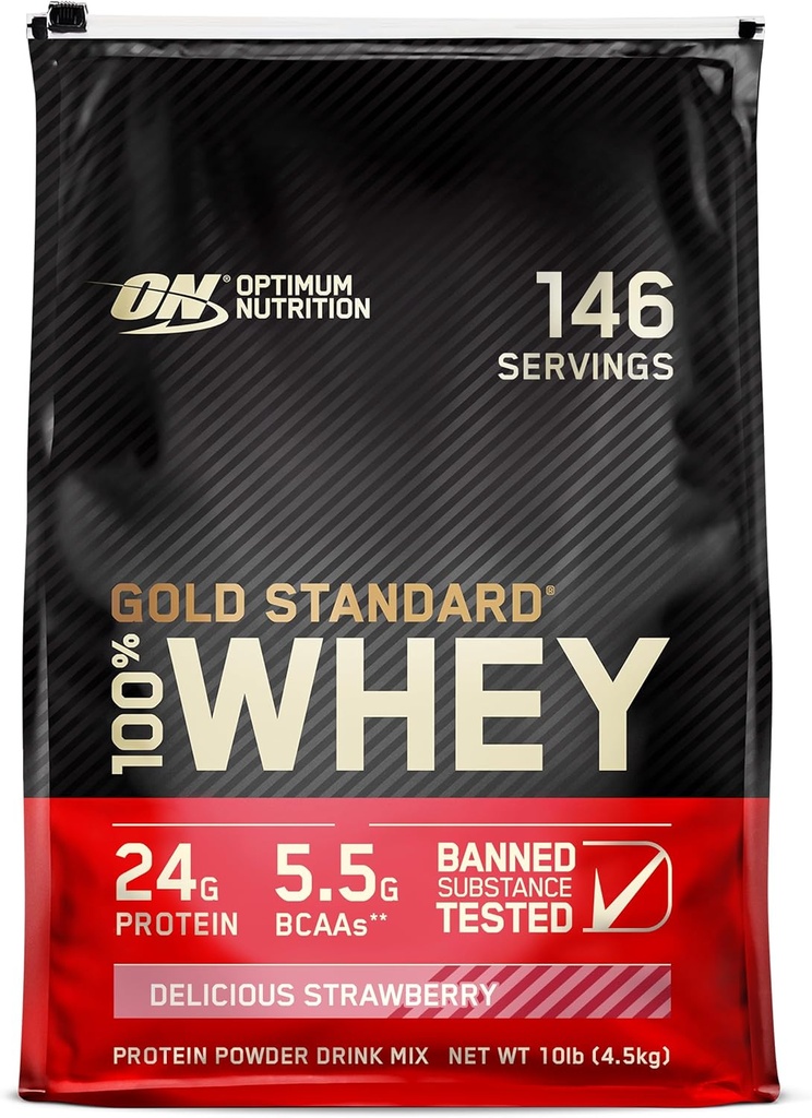 Optimum Nutrition Gold Standard 100% Whey Protein Powder, Delicious Strawberry, 10 libras (Packaging May Vary)