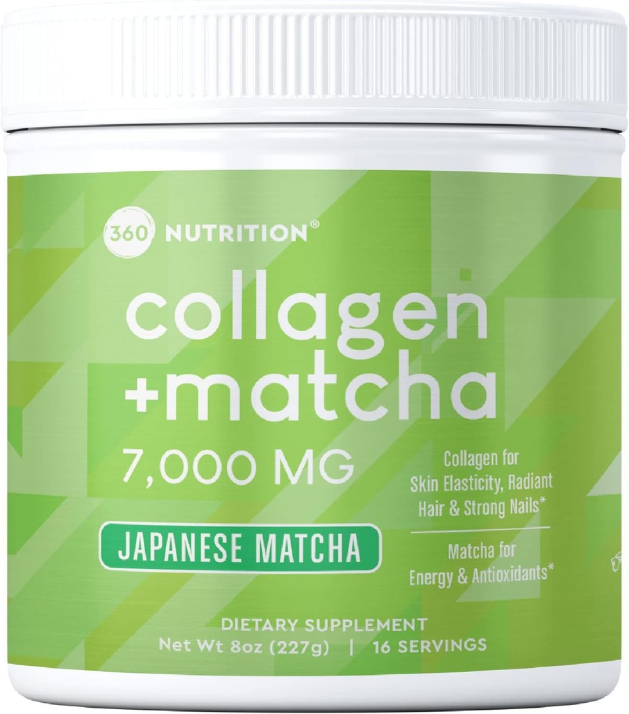 360 Nutrición Matcha Peptides de Collagen Hidrolyzed Powder, Té Verde de Matcha Japonesa para la Salud Gut, Soporte Conjunto, Energía, Piel de pelo " Nails, Gluten Free, Keto Friendly, Paleo, Non GMO (8oz (1 Conde))