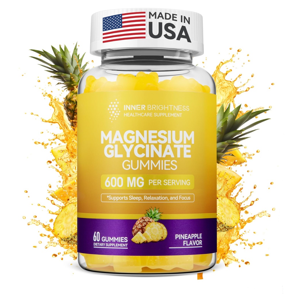 Magnesium Glycinate Gummies 600mg, Non-GMO, Gluten-Free, Magnesium Gummies for Adults &amp; Kids, Sleep, Relax &amp; Focus, Pineapple Flavor, 60 Condes